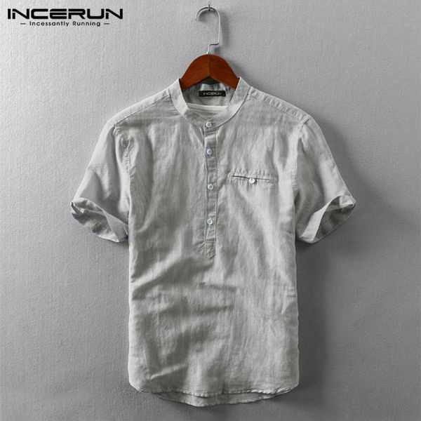 

incerun 2020 men striped shirt short sleeve stand collar summer cotton streetwear camisa breathable harajuku brand casual shirts, White;black
