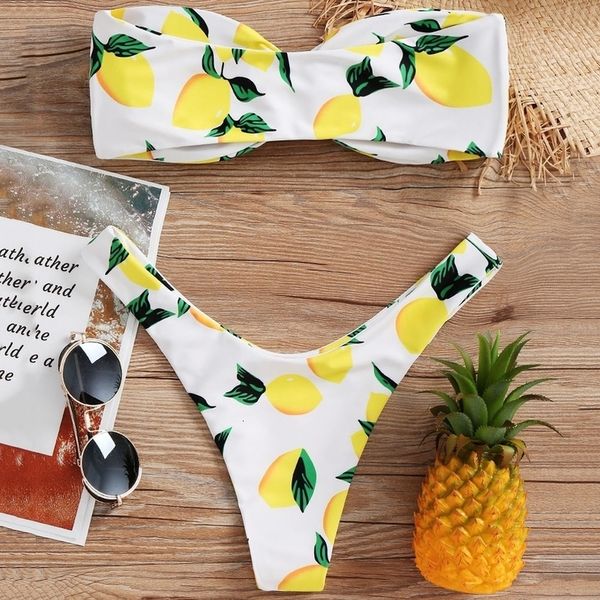 

lemon print twist bandeau bikini set strapless high cut spandex leg bikini swimwear women thong bikini push up bathing suit swimsuit, White;black