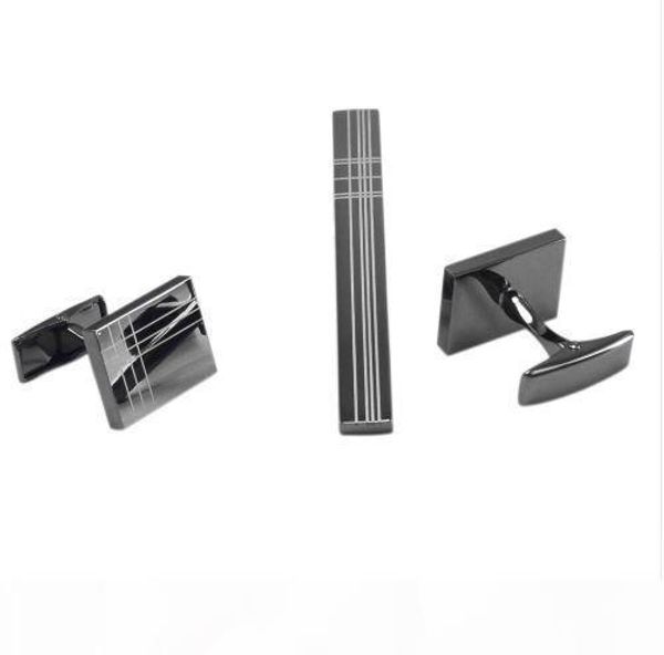 

savoyshi classic square black laser stripe bussiness mens cufflinks tie clips set necktie pin tie bars clip clasp, Silver