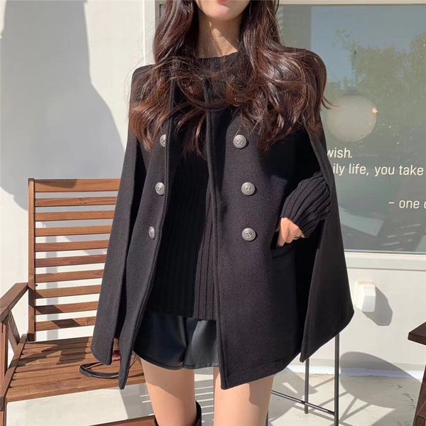 

england style black gentle cape coat elegant coat women office lady windbreaker chic outerwear woolen trench