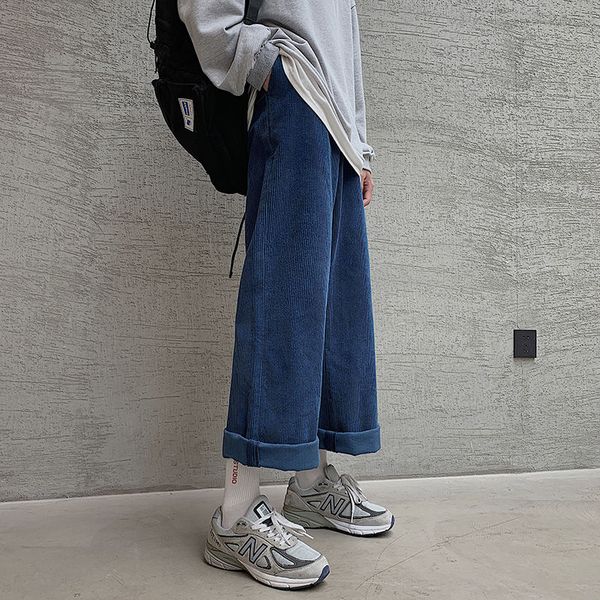 

korean style pleated jeans men's fashion casual retro blue straight jeans men streetwear wild loose hip-hop denim trousers mens