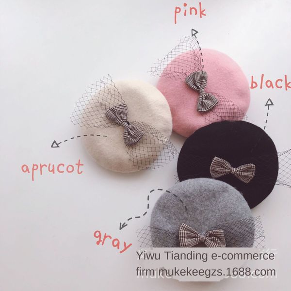 

cute bow net children's wool concave shape beret wool beret lady baby pumpkin hat painter hat, Blue;gray