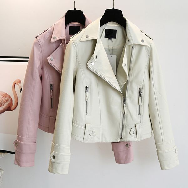

korean-style pu motorcycle wear lapel jacket women solid color short coats streetwear spring and autumn zipper coat, Black
