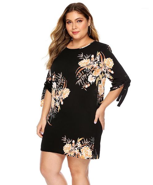 

clothing womens designer floral printed dress summer plus size short sleeve bandge dresses loose casual female, Black;gray