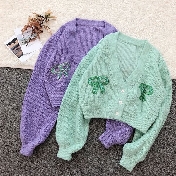 

западный стиль весной и летом новые ручной блестки bowknot фиолетовый свитер top бабочка свитер модный вязаный кардиган сверху, White