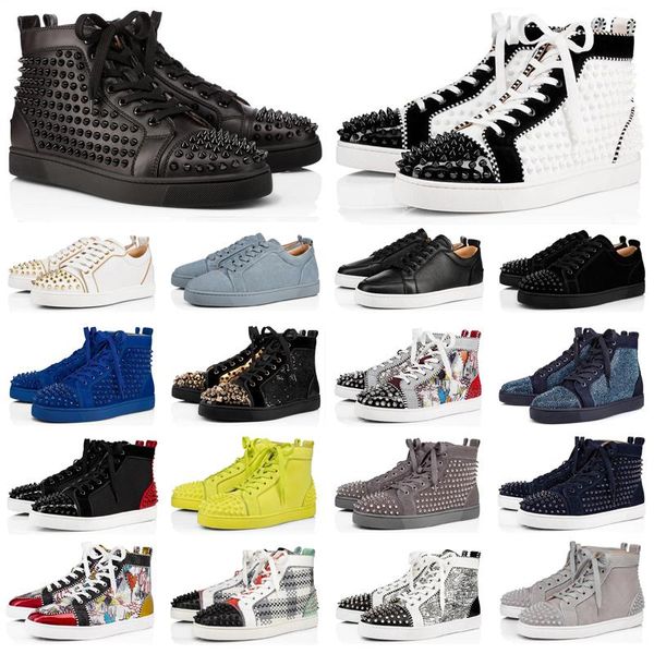 

2020 fashion luxury designer shoes men women spike sneakers yellow red grey white leather suede graffiti flats bottoms casual shoe with box, Black