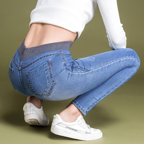 

denim pencil pants stretch waist women jeans slim-fit jeans ladies skinny high-rise plus size women street wear mom, Blue