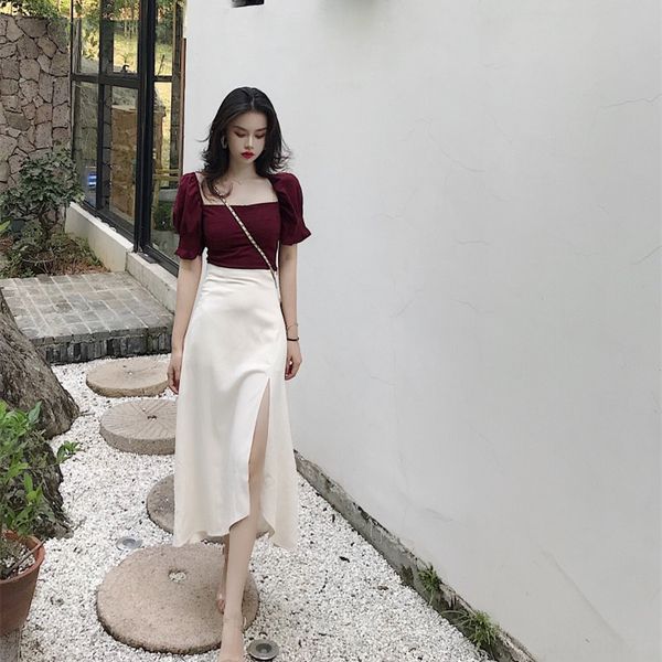 

vqnet fl19506 spring and summer korean style goddess style high waist split skirt body skirt body skirtsquare collar two-piece, Gray