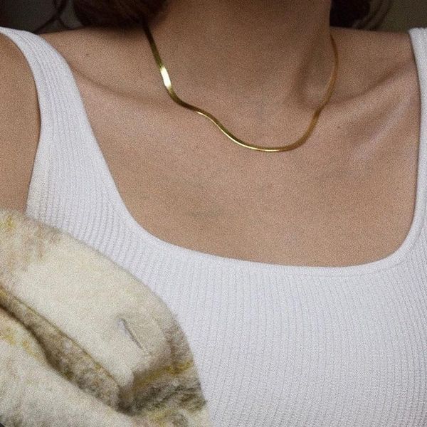 

herringbone snake chain choker necklace stainless steel gold color for women clavicle chain necklace bgop#, Golden;silver
