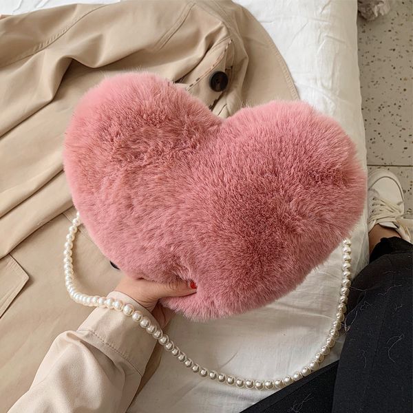 

sweet female heart-shaped bag crossbody bags for women winter soft plush pearl chain ladies handbags shoulder bag messenger bag