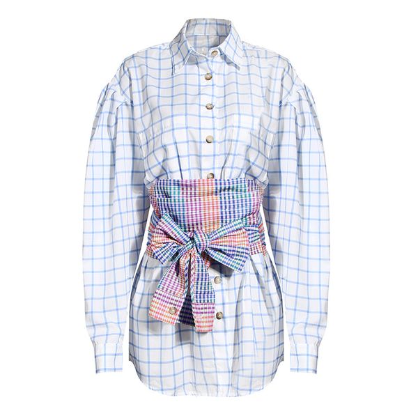 

womengaga 2020 autumn new long sleeve contrast color patchwork plaid lantern sleeve shirt women bandage zipper fashion b509, White