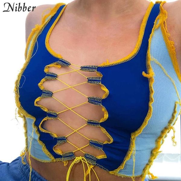 

nibber hollow out bandage crop women fashion club party wear tank punk style patchwork street vest summer female, White