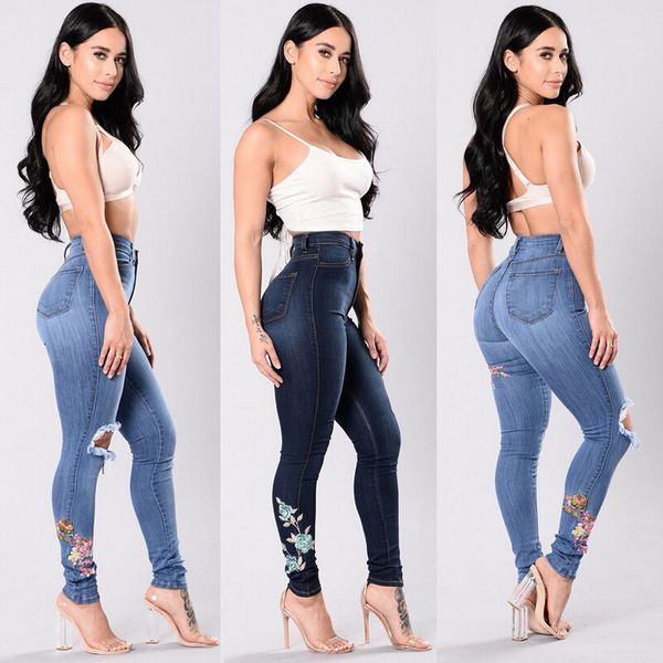 

women plus size high waist distressed ripped blue skinny denin jeans pant women casual clothes