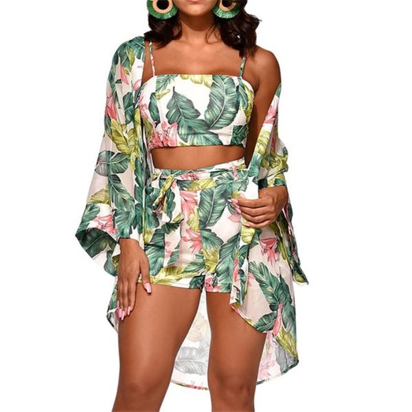 

3pcs women floral shorts cardigan long sleeve jumpsuit vest trousers romper playsuit belt bottoms strap cover up cloak sets, Gray