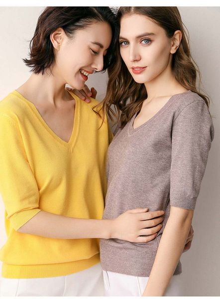 

Women Knit T Shirt Fashion Casual Style Pure 9 Colors Comfortable V-Neck Short Sleeve Tees Lady Autumn Hot Selling Tops Asian Size S-3XL