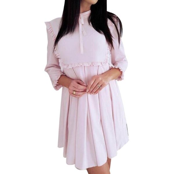 

fashion women autumn solid color 3/4 sleeve ruffled large swing tunic mini dress 2020, Black;gray
