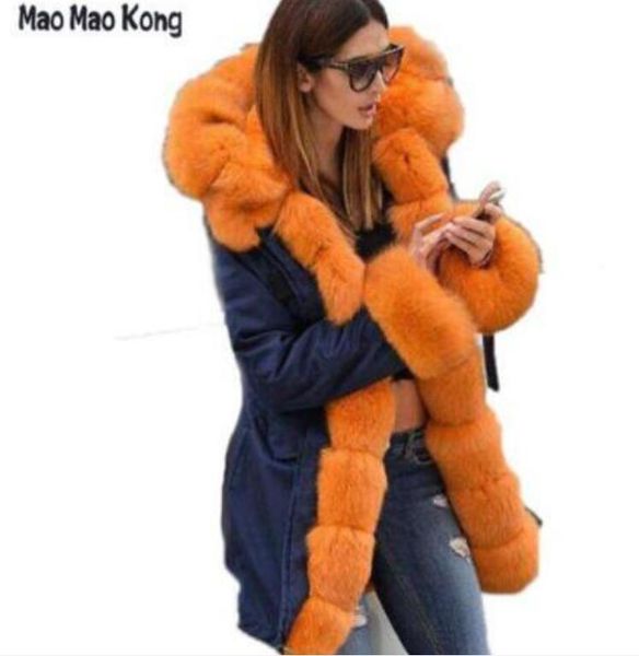 

maomaokong 2020 brand long real fox fur coat womens winter jackets thick warm fur lined parka natural fur coats, Black