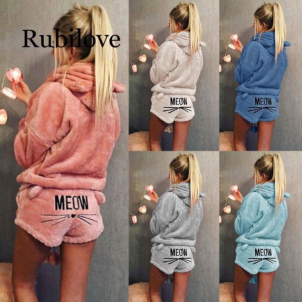 

women coral velvet suit two piece set autumn winter pajamas warm sleepwear cute cat meow pattern hoodies shorts set 2020, White