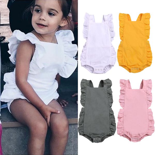 

newborn baby girl ruffled solid color sleeveless backless romper jumpsuit outfit sunsuit, Blue