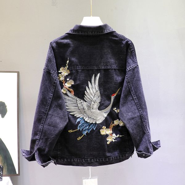 

2020 autumn loose-fit denim jacket handsome boyfriend wind heavy embroidery small crane fashionable black jacket womenes, Black;brown