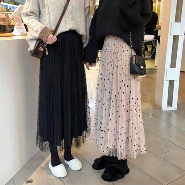 

2020 плиссированные точка skirtnew волна двухсторонний шифон плиссированные юбки похудение средней длины сетки юбки, Black