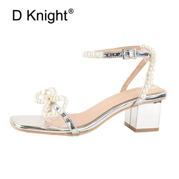 

young women korean pearls bow thick high heel solid color square open toe buckle strap clear high heels non-slip shoes plus size, Black
