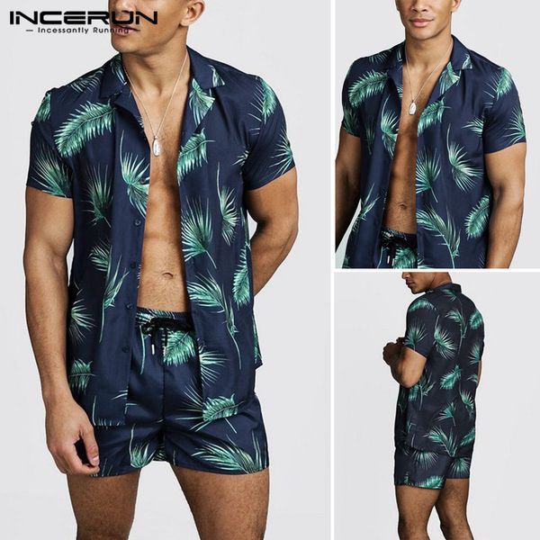 

incerun printed sets short sleeve lapel shirts casual shorts fashion comfortable mens summer hawaiian suits streetwear plus size, Gray