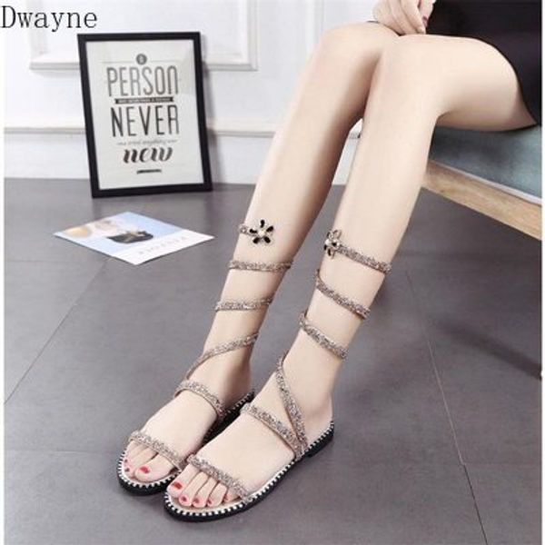 

2020 summer new rhinestone winding flat-bottomed word toe roman sandals female, Black