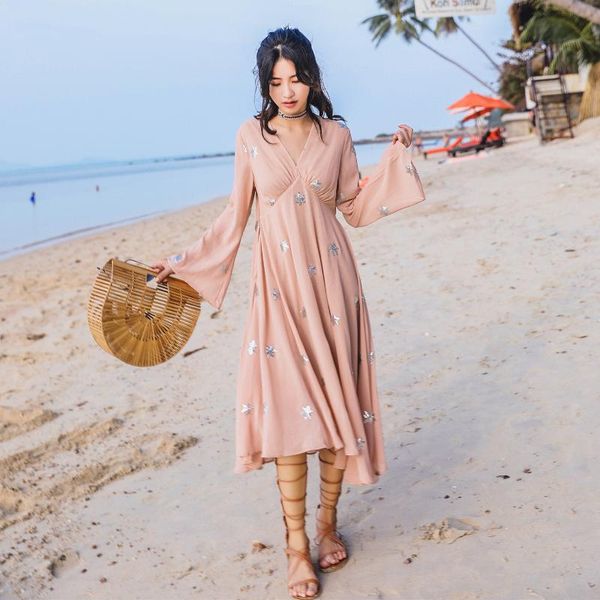

maternity dresses luxury spring lady fairy deep v-neck stars embroidery women beach style holiday slim chiffon ladies high quality, White