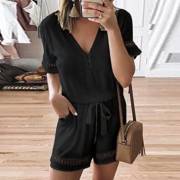 

2020 new summer fashion lace up korean style v-neck jumpsuit shorts women clothes rompers womens plus size jumpsuits, Black;white