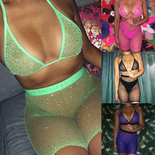 

women rhinestone mesh transparent bikini set halter bras fishnet high waist shorts babydoll underwear, White;black