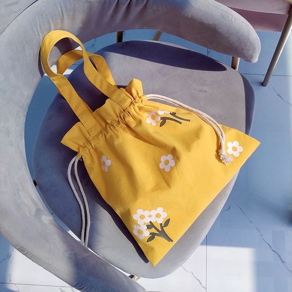 

korean version of the simple cute little flower canvas bag female shoulder japanese mini handbag drawstring shoulder strap