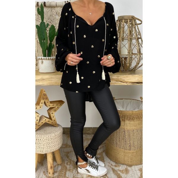 

bohemian women autumn 2020 new harajuku ladies loose lantern long sleeve hollow v-neck oversized sequin streetwear blouse, White