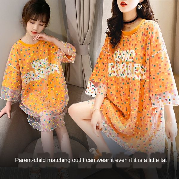 

al6dz girls 2020 summer new polka dot mesh fake two-piece short-sleeved women's medium and large children's korean design children, Blue