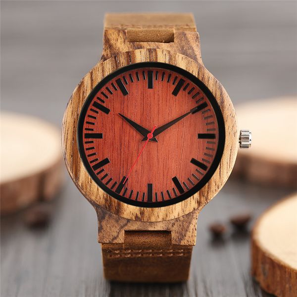 

handmade bamboo wristwatch natural wood men's quartz watch leather band men's watches male casual wristwatch timepiece clock, Slivery;brown