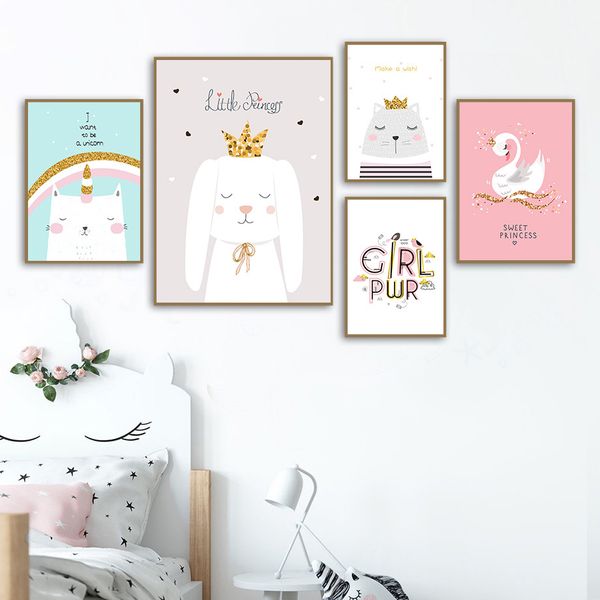 

мультфильм животных кролик swan cat wall art холст картина скандинавские плакаты и печать стены искусства картинки для детская комната девоч