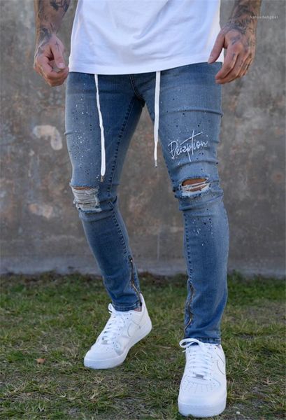 

mens hole slim fit jeans designer skateboard solid color casual pencil pants homme fashion pants, Blue