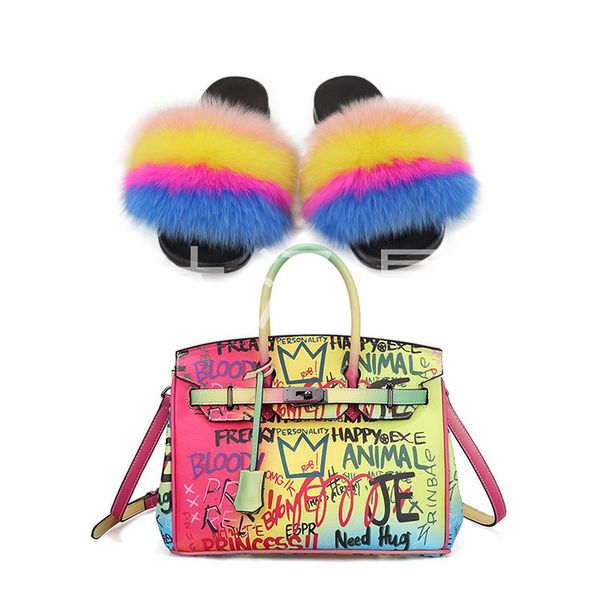 

100%real fur slippers women slippers rainbow shoes cute fur flip flops women travel furry shoes colorful graffiti fashionbag, Black