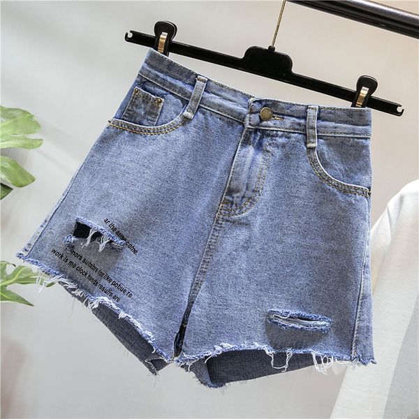 

large size ripped denim and shorts 2020 new shorts women's summer fat mm new slimming denim high waist wide leg all-match fashion, Blue