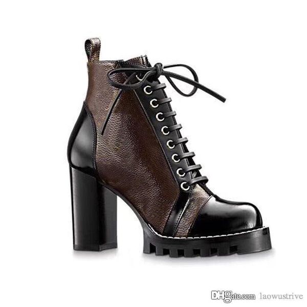 

high heeled martin boots designer autumn winter coarse heel women shoes desert boot 100% real leather zipper letter lace up fashion lady hee, Black