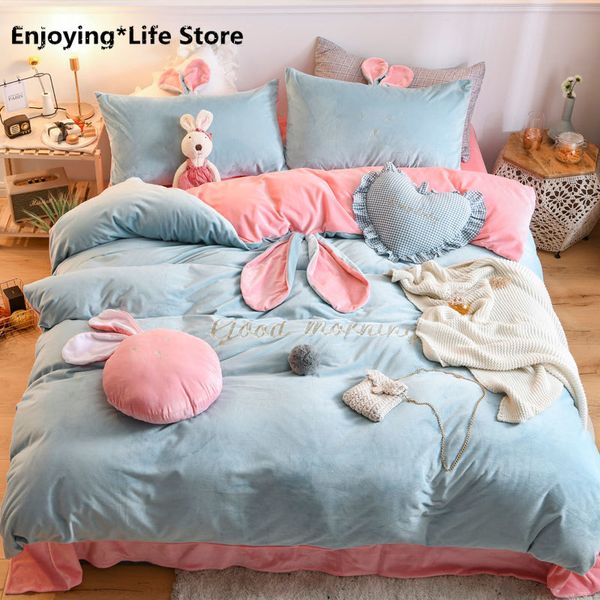 

ears embroidery winter warm fleece flannel velvet cute girl bedding set duvet cover bed linen fitted sheet pillowcases