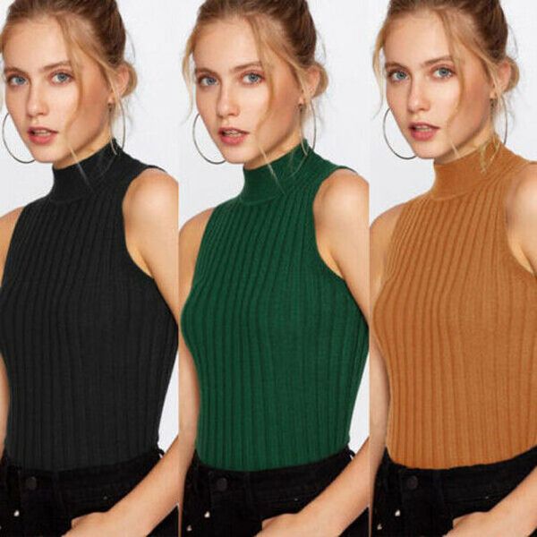 

2020 new summer autumn women mock neck turtleneck sleeveless t shirt slim knitted vest female tee knitwear, White