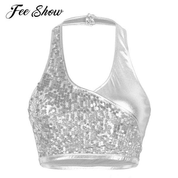 

women's tanks & camis womens shiny metallic sequined bustier halter neck sleeveless low back vest short crop for raves dance clubwe, White