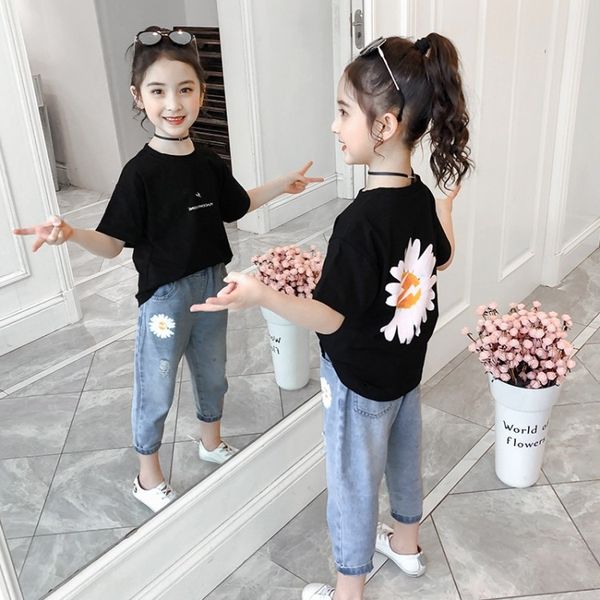 

girls 2020 summer children's cubs t-shirt short-sleeved cotton summer casual suit plus casual wear jeans and jeans size