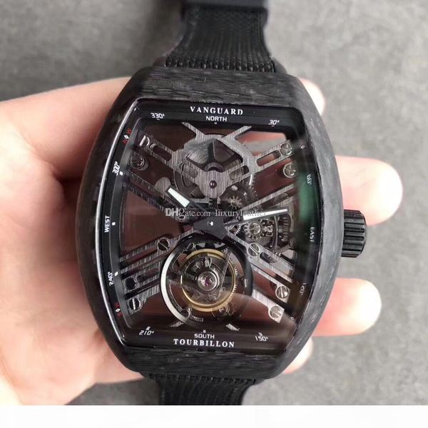 

hollowed-out real tourbillon mechanical movement watch by 44mm carbon brazing dimension watchcase rubber watchband sapphire crystal glass fo, Slivery;brown