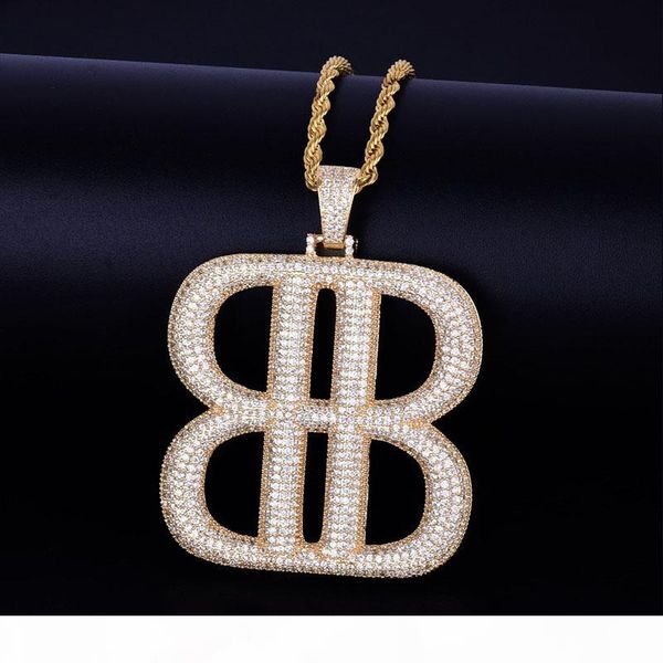 

b letter geometric shape with tennis chain necklace gold silver pendant bling cubic zircon hip hop men jewelry