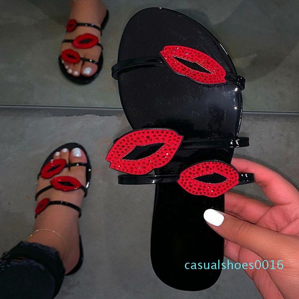 

женщина тапочки sexy red lips сандалии плоские женская обувь пляж флип-флоп non скольжению стразы home summer c16, Black
