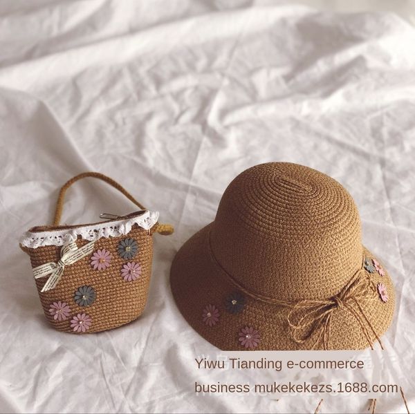 

hipster daisy butterfly straw bowknot children's straw mini bag set baby beach sun hat sun hat, Blue;gray