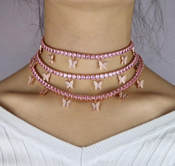 

2020 pink pinky drip cz butterfly charm tennis chain 32+10cm choker necklaces iced out bling hip hop cool rock women jewelry, Golden;silver