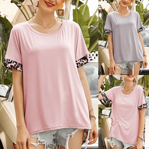 

summer fashion leopard stitching sleeves leopard loose t-shirt ladies, White